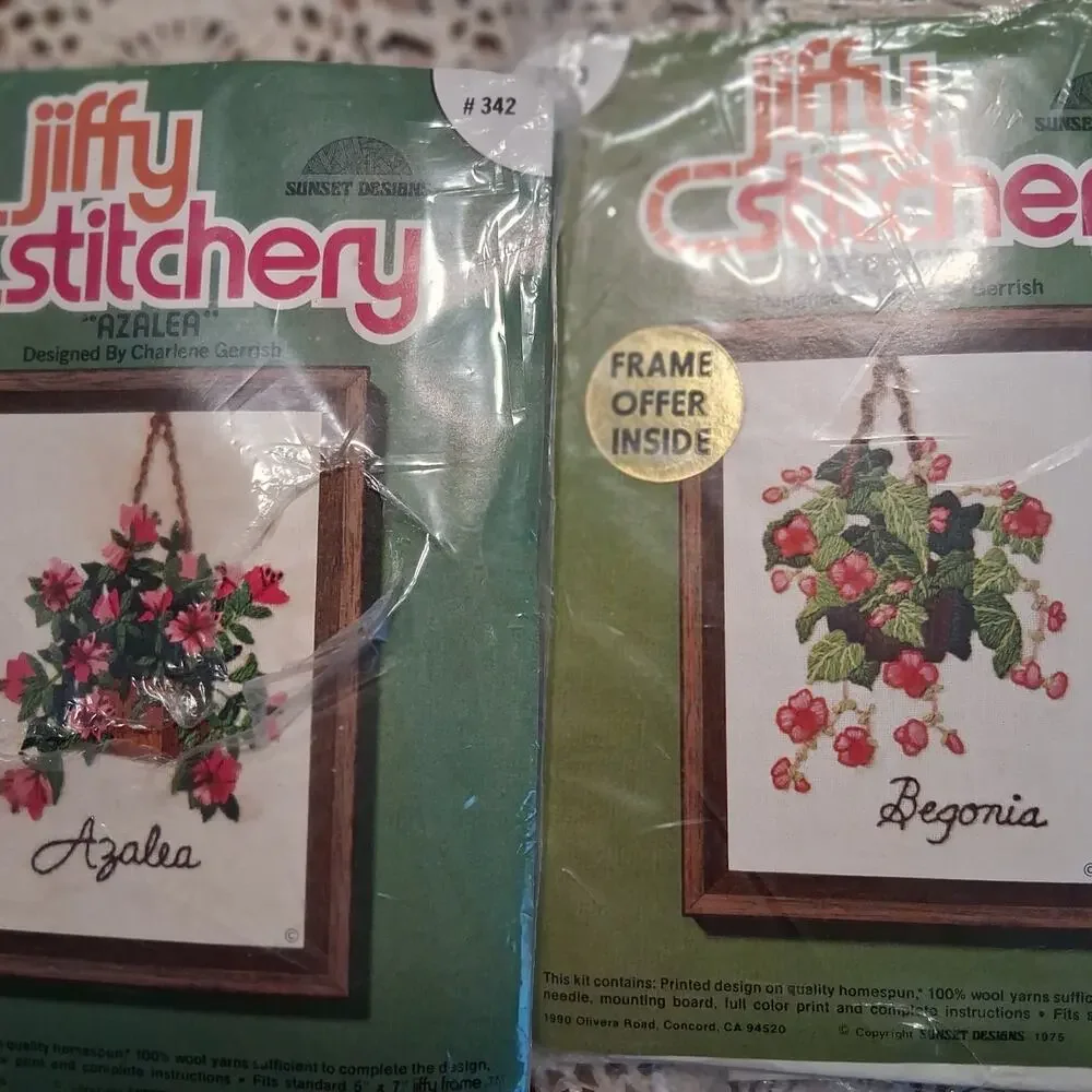 Sunset Designs Jiffy Stitchery new open 2 crewel kits vintage  begonia azalea